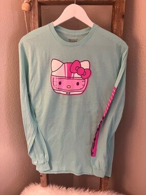 Hello Kitty Light Aqua Long Sleeve Tee with Pink Helmet Graphic